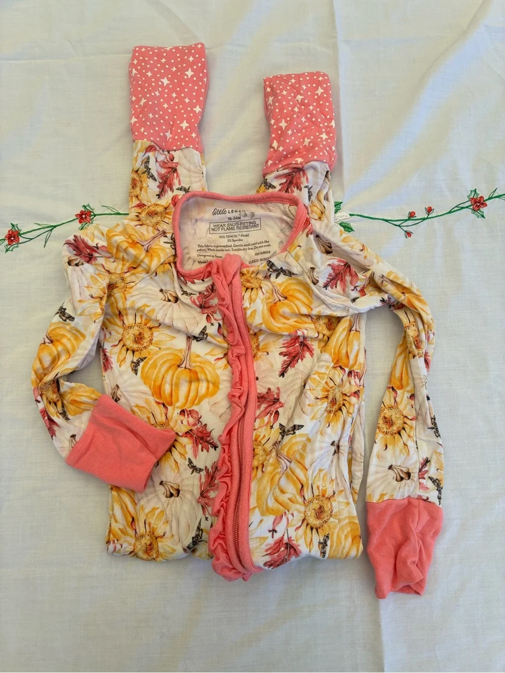 Legendairy Milk Tencel Floral Pumpkin Print Pink-Trim Kids Footed One-Piece